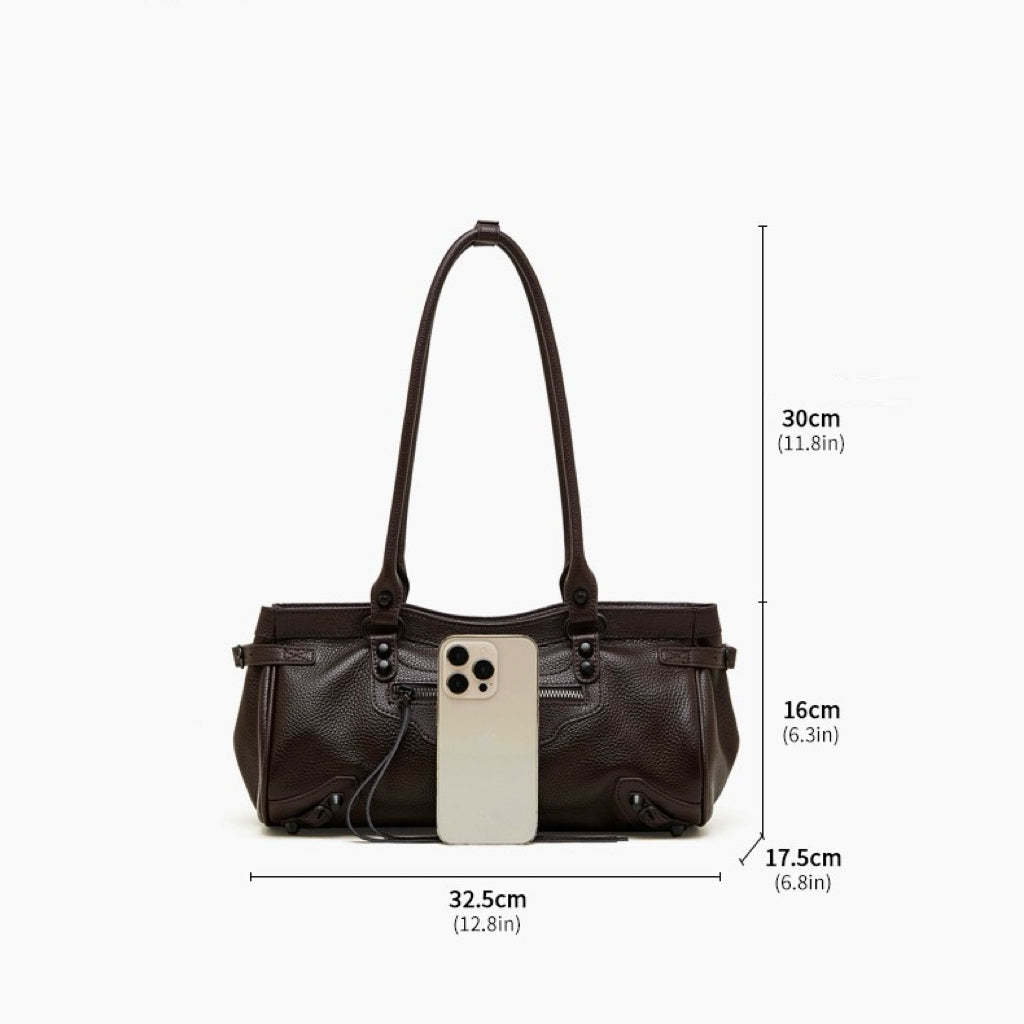 Women's Genuine Leather Rivet Detail Slouchy Shoulder Bag