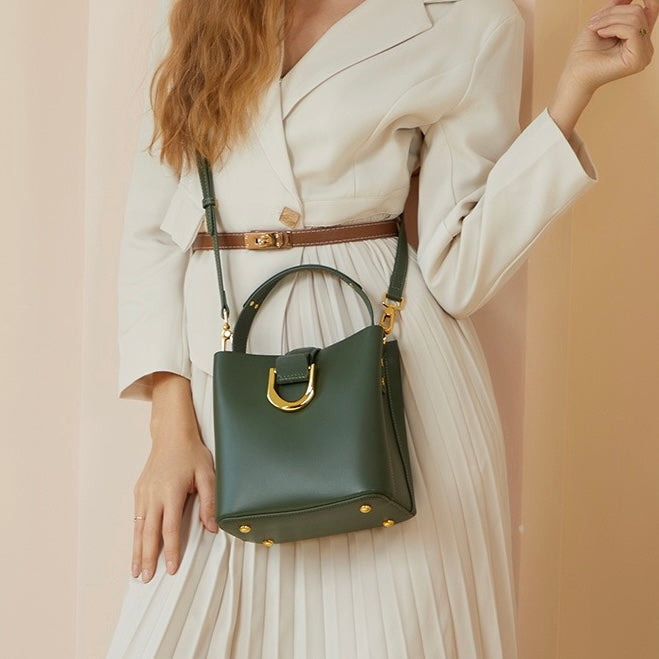 Women's Genuine Leather Bucket Shoulder Crossbody Bag with Phone Pocket