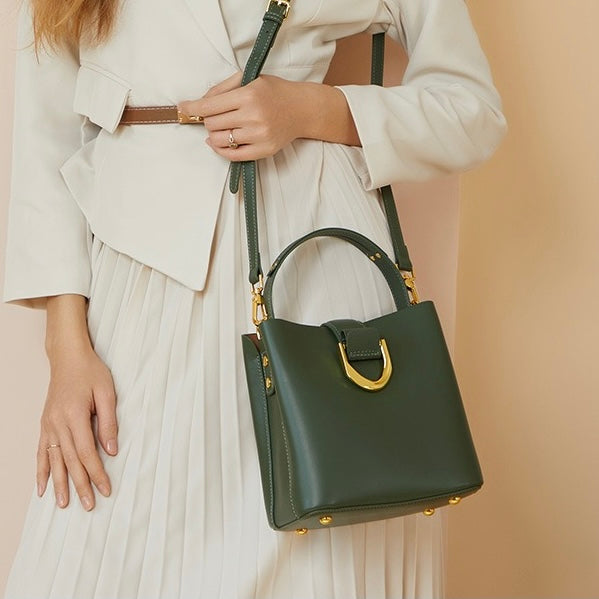 Women's Genuine Leather Bucket Shoulder Crossbody Bag with Phone Pocket