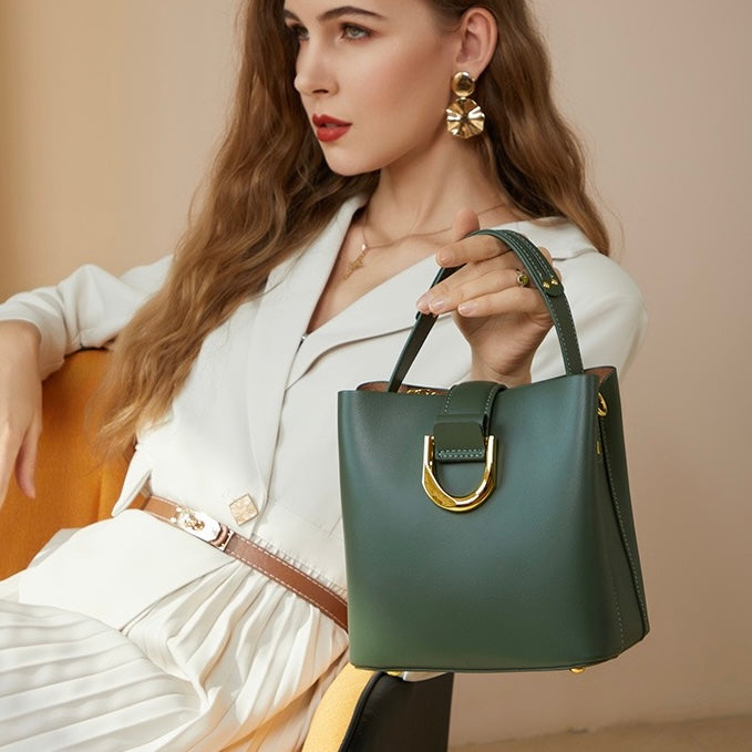 Women's Genuine Leather Bucket Shoulder Crossbody Bag with Phone Pocket