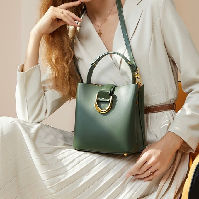 Women's Genuine Leather Bucket Shoulder Crossbody Bag with Phone Pocket