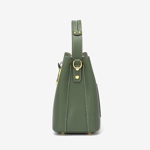 Women's Genuine Leather Bucket Shoulder Crossbody Bag with Phone Pocket