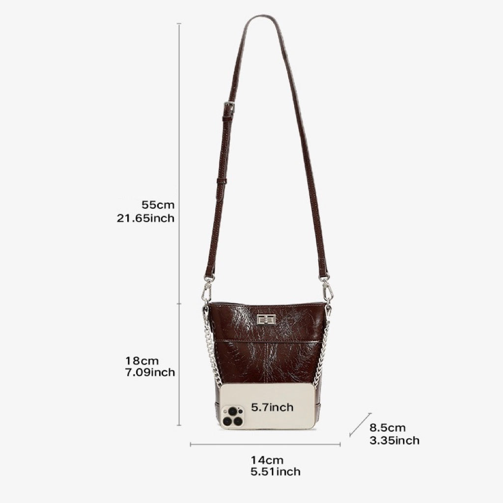 Women's Genuine Leather Waxed Bucket Bag with Lock Detail
