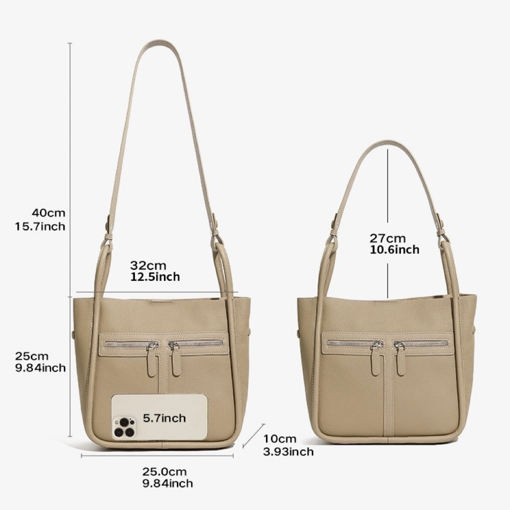 Women's Genuine Leather Structured Bucket Bag with Magnetic Closure