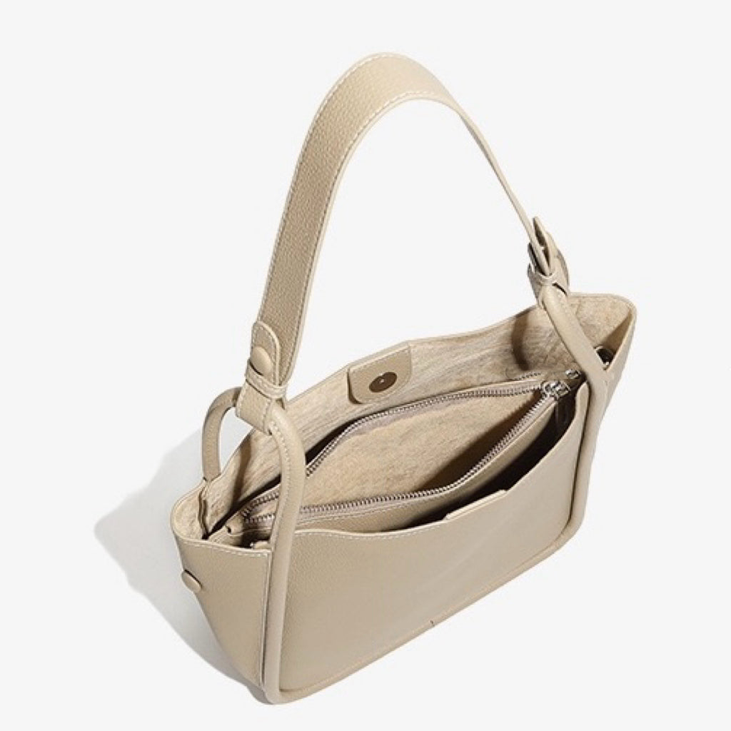 Women's Genuine Leather Structured Bucket Bag with Magnetic Closure
