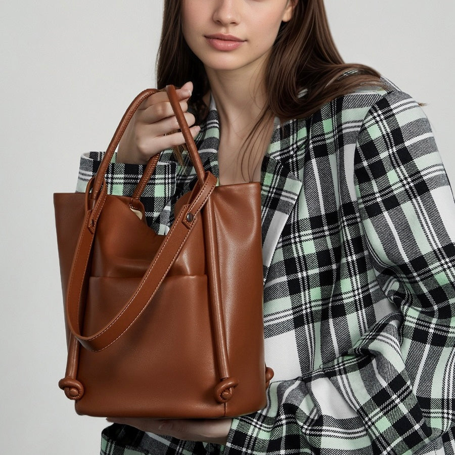 Women's Genuine Leather Knot Detail Bucket Shoulder Bag