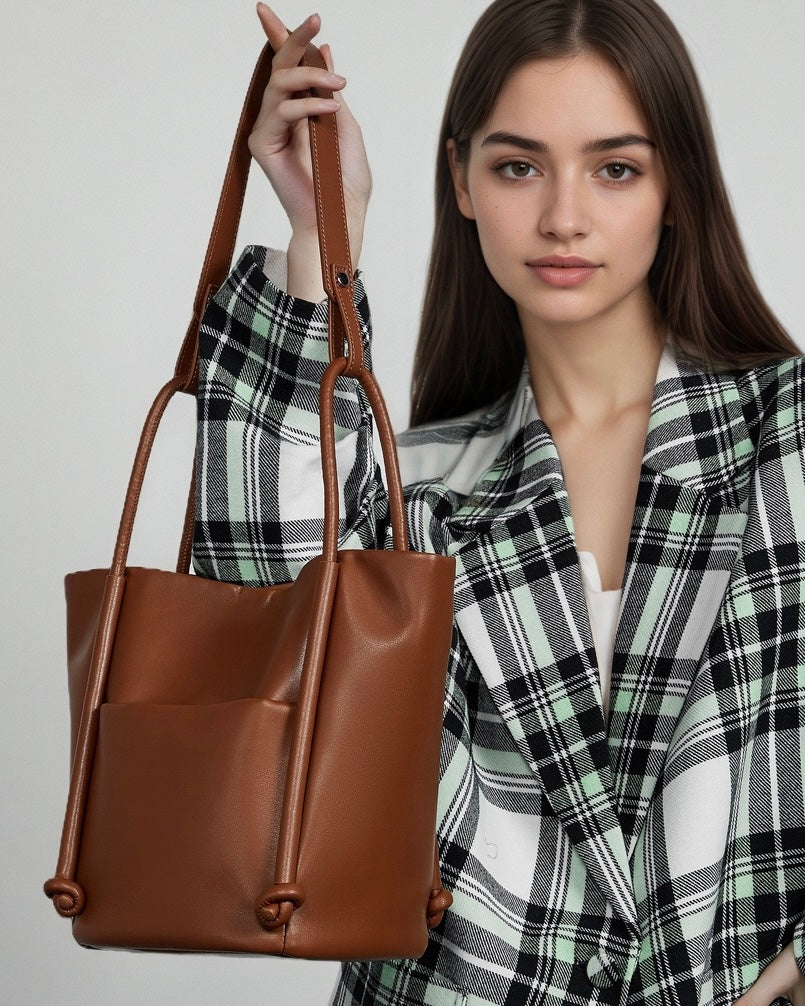 Women's Genuine Leather Knot Detail Bucket Shoulder Bag