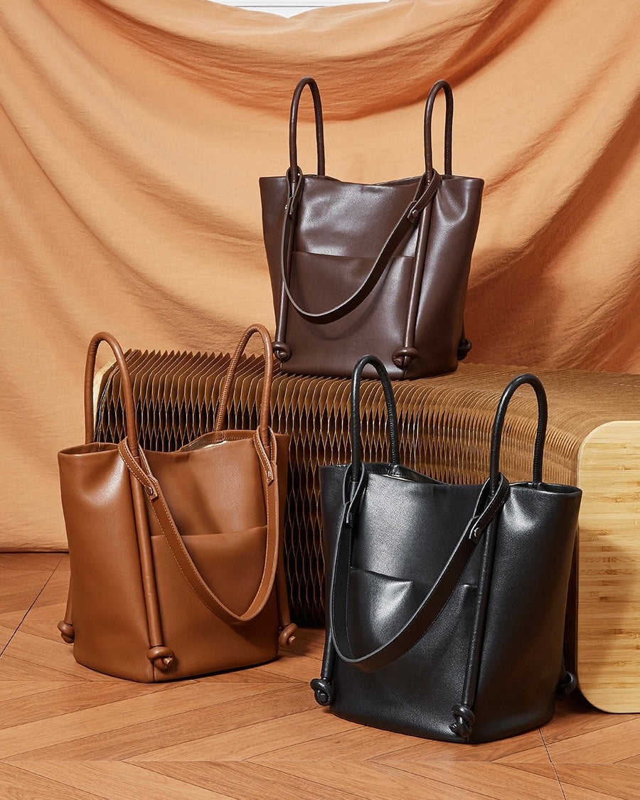 Women's Genuine Leather Knot Detail Bucket Shoulder Bag