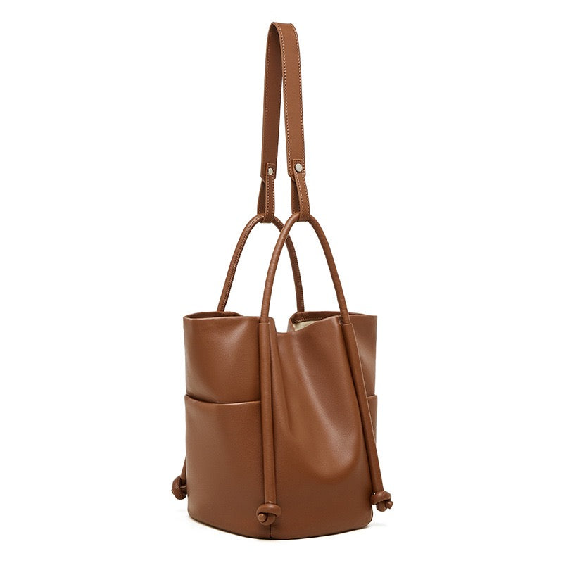 Women's Genuine Leather Knot Detail Bucket Shoulder Bag