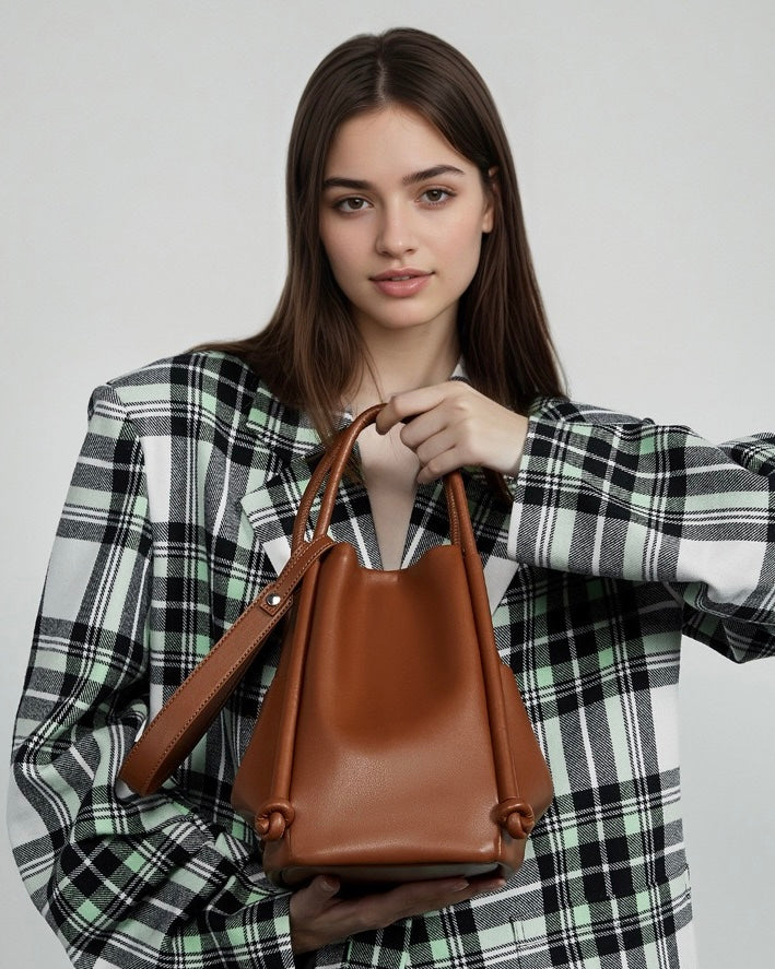 Women's Genuine Leather Knot Detail Bucket Shoulder Bag