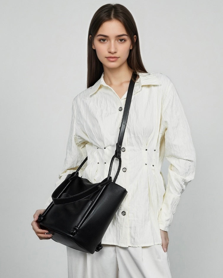Women's Genuine Leather Knot Detail Bucket Shoulder Bag