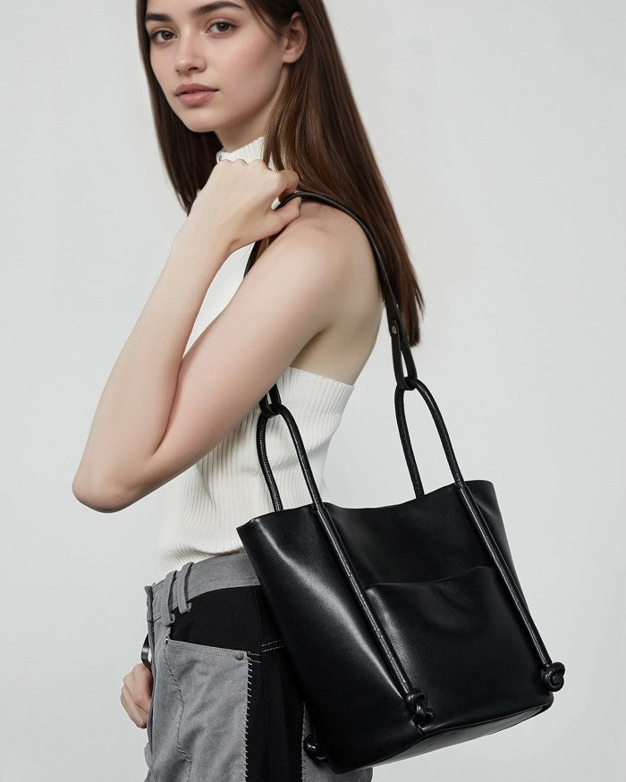 Women's Genuine Leather Knot Detail Bucket Shoulder Bag