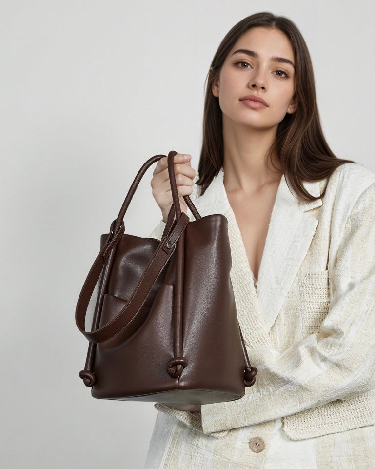 Women's Genuine Leather Knot Detail Bucket Shoulder Bag