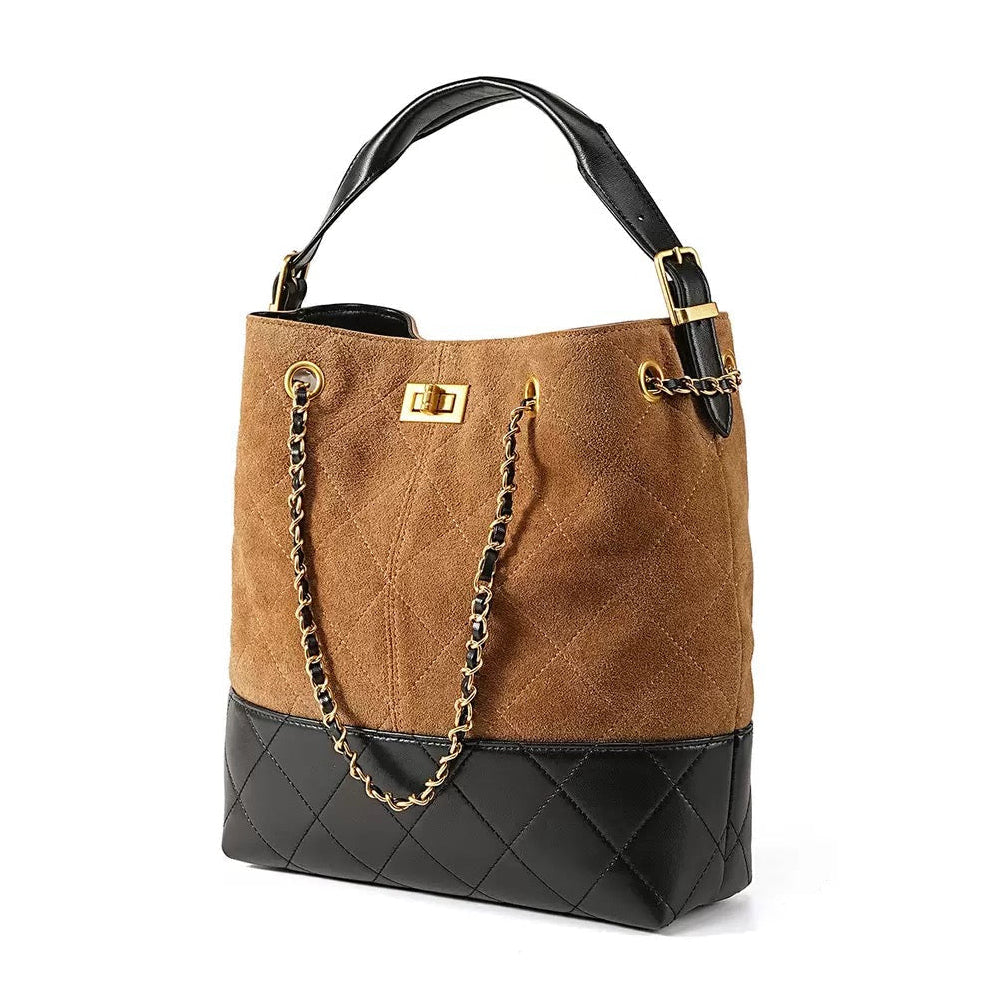 Women's Genuine Leather Suede Colorblock Chain Bucket Bag
