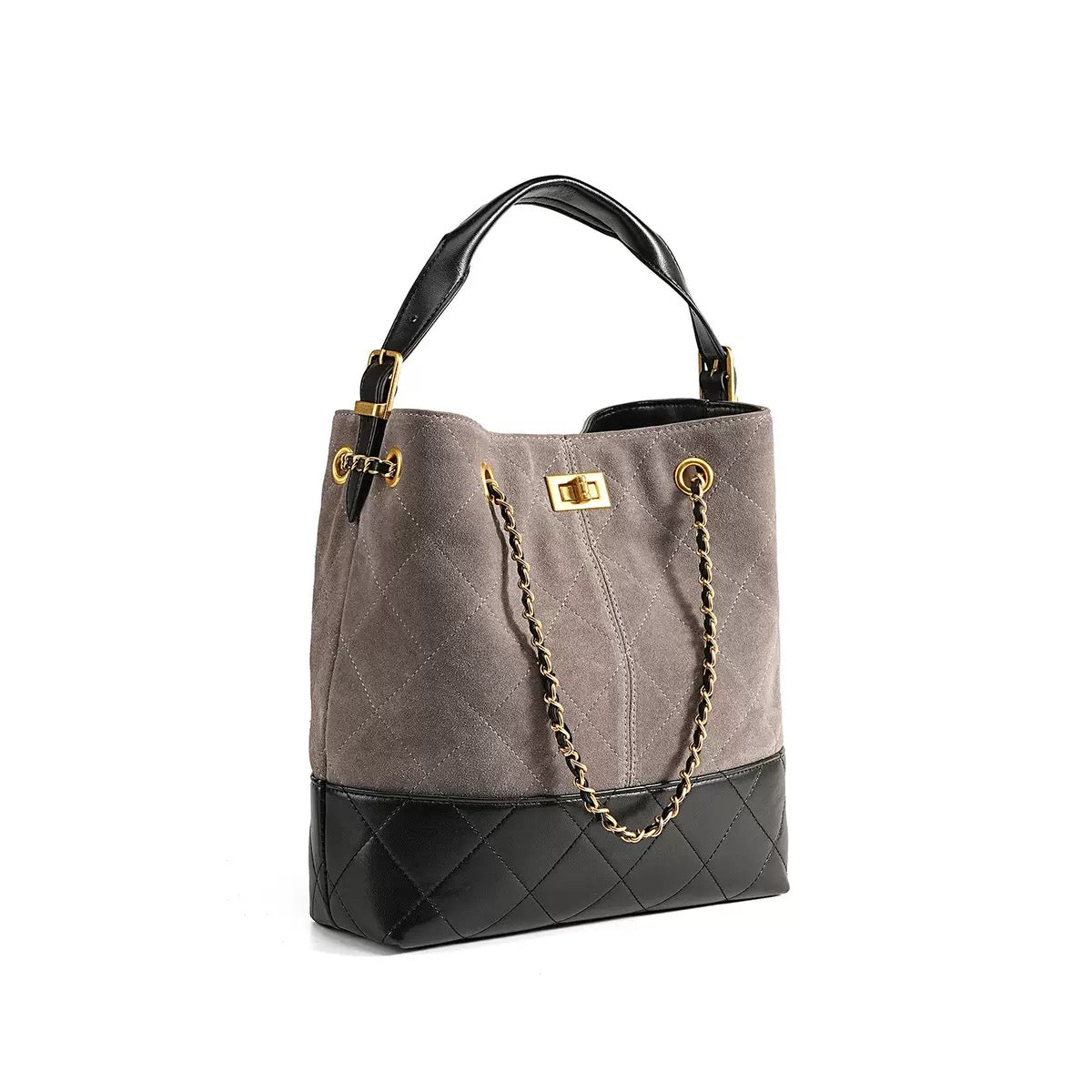 Women's Genuine Leather Suede Colorblock Chain Bucket Bag