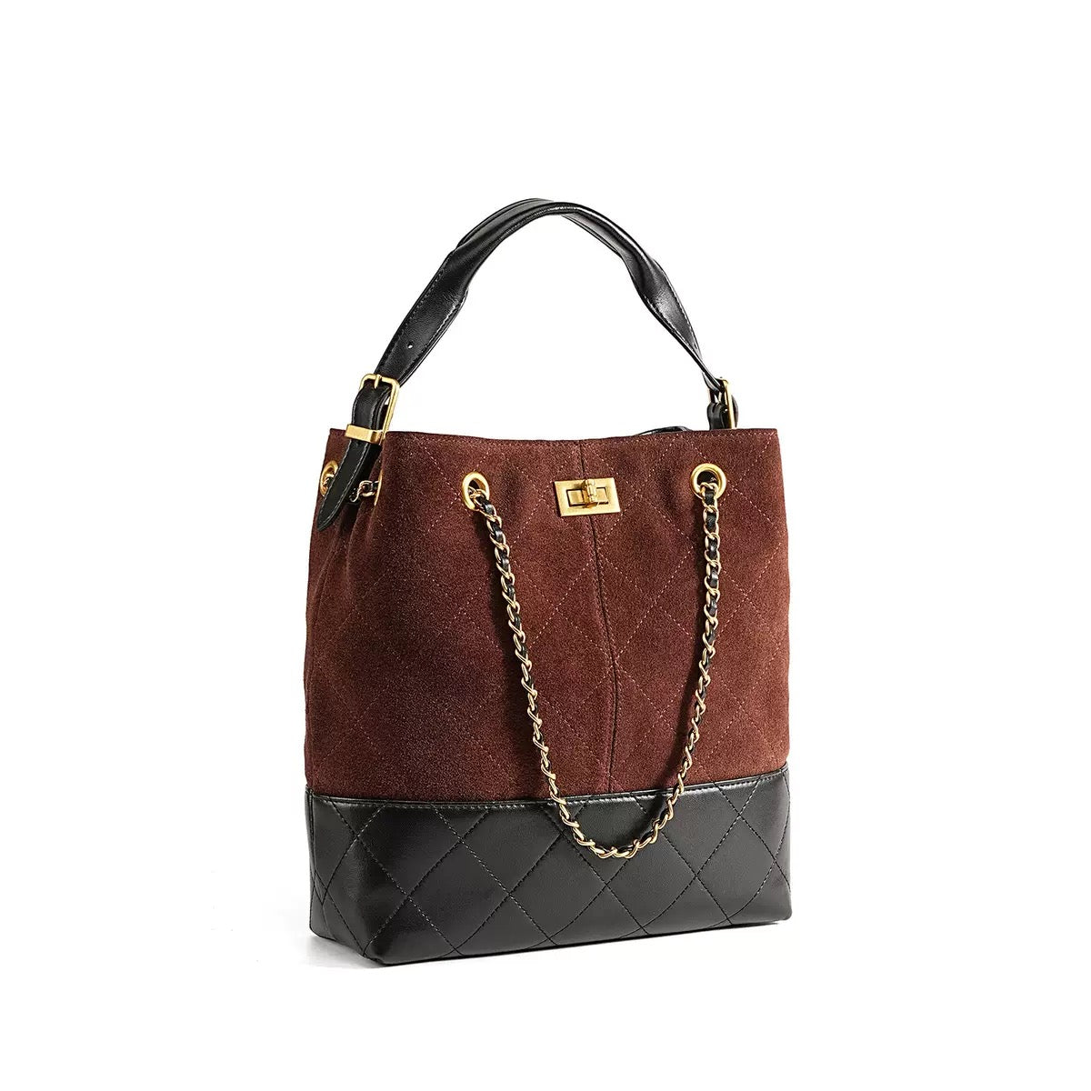 Women's Genuine Leather Suede Colorblock Chain Bucket Bag
