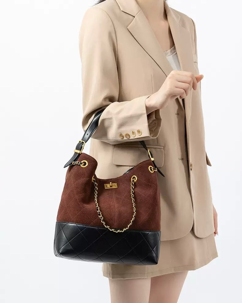 Women's Genuine Leather Suede Colorblock Chain Bucket Bag