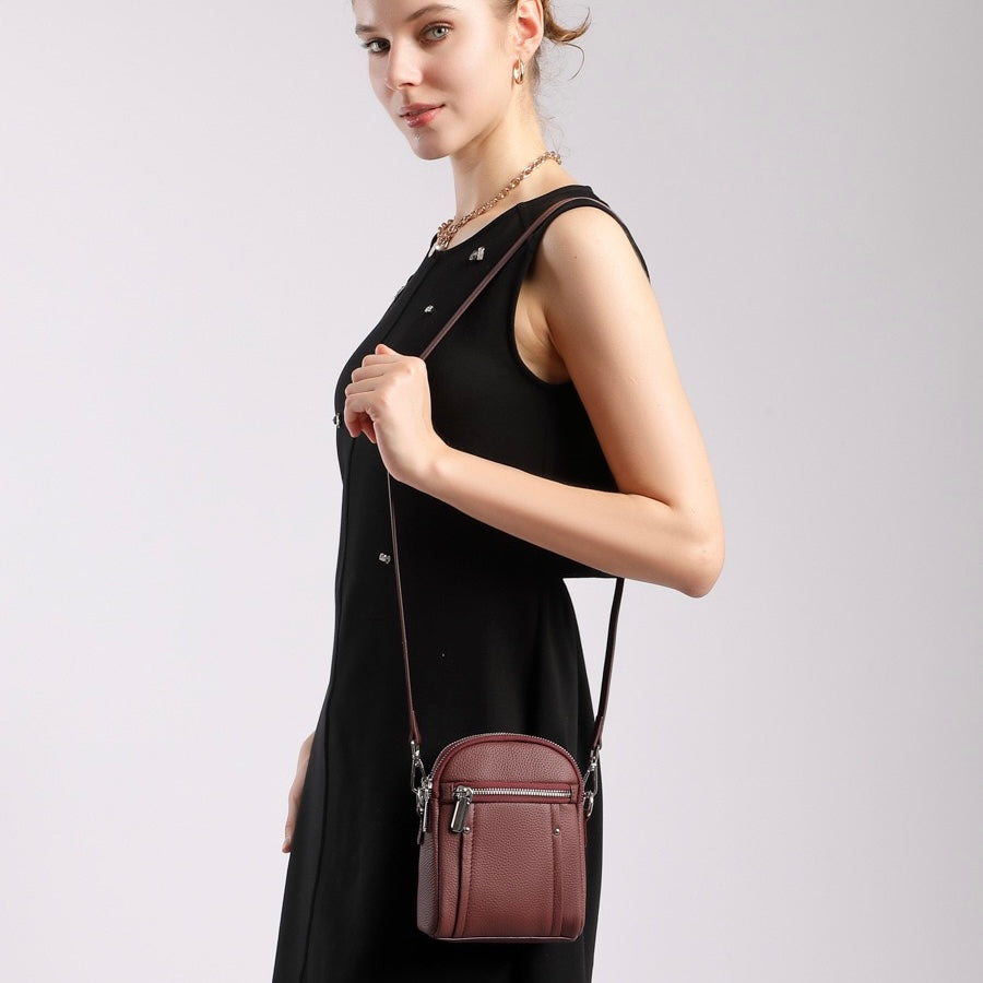 Women's Genuine Leather Mini Phone Crossbody Bag with Zipper