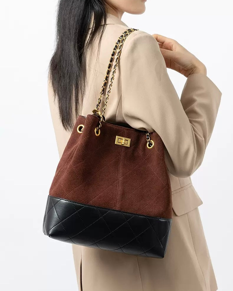 Women's Genuine Leather Suede Colorblock Chain Bucket Bag