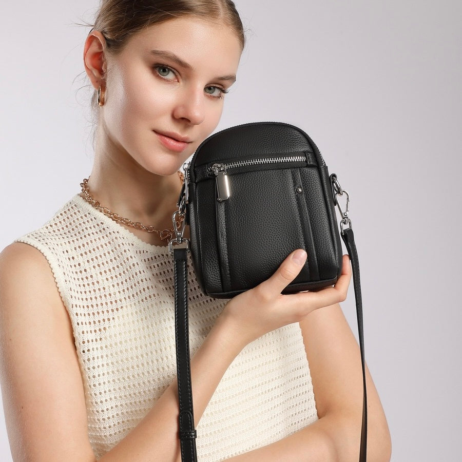 Women's Genuine Leather Mini Phone Crossbody Bag with Zipper