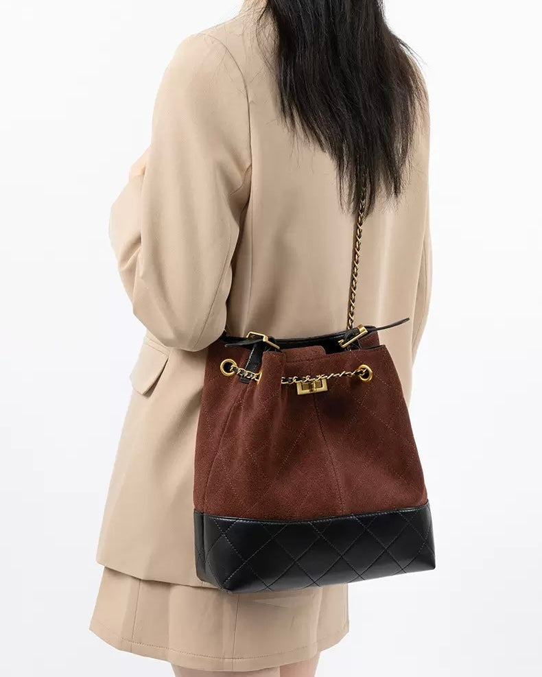 Women's Genuine Leather Suede Colorblock Chain Bucket Bag