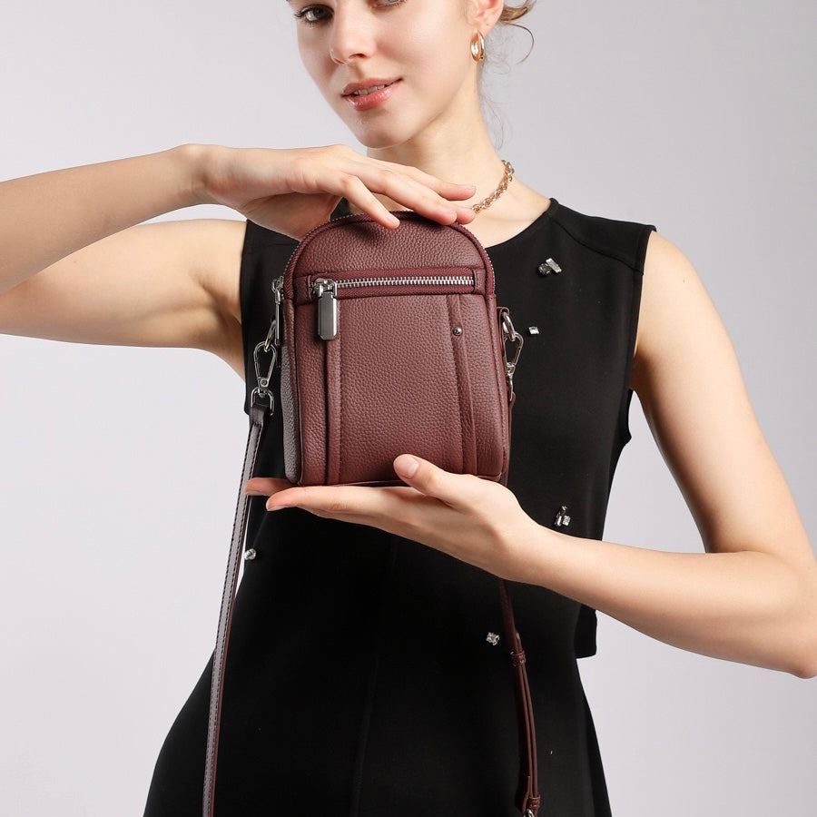 Women's Genuine Leather Mini Phone Crossbody Bag with Zipper