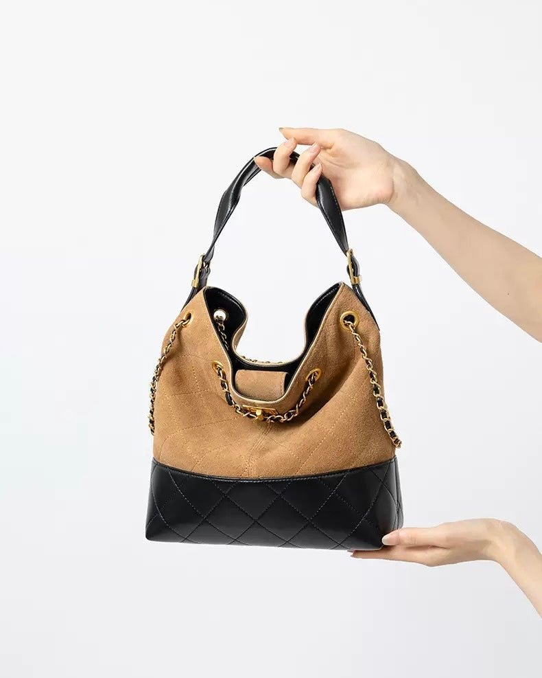 Women's Genuine Leather Suede Colorblock Chain Bucket Bag