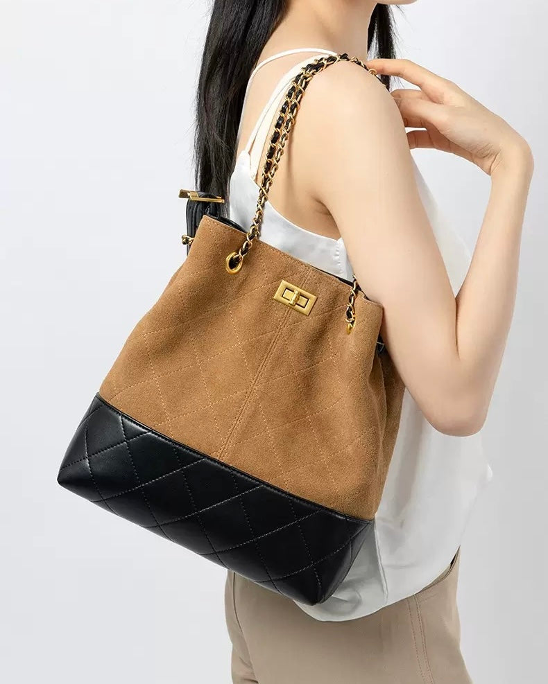 Women's Genuine Leather Suede Colorblock Chain Bucket Bag