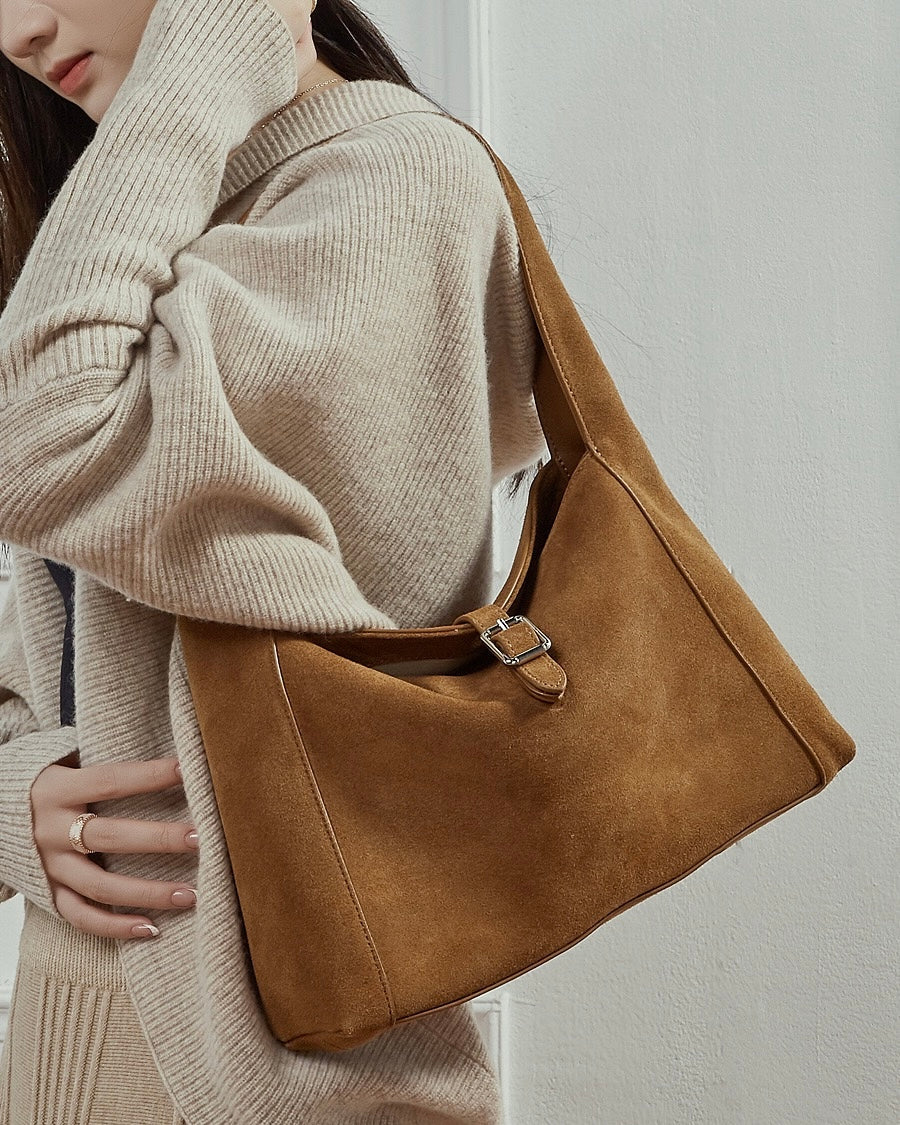 Women's Suede Leather Buckle Accent Shoulder Bag