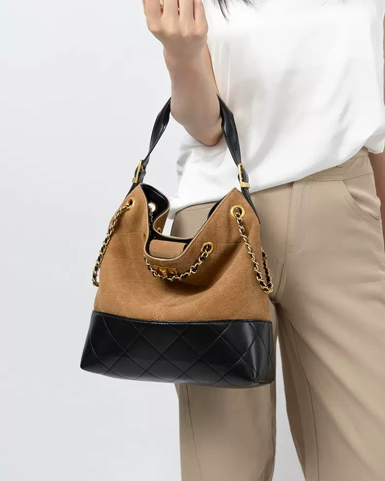 Women's Genuine Leather Suede Colorblock Chain Bucket Bag