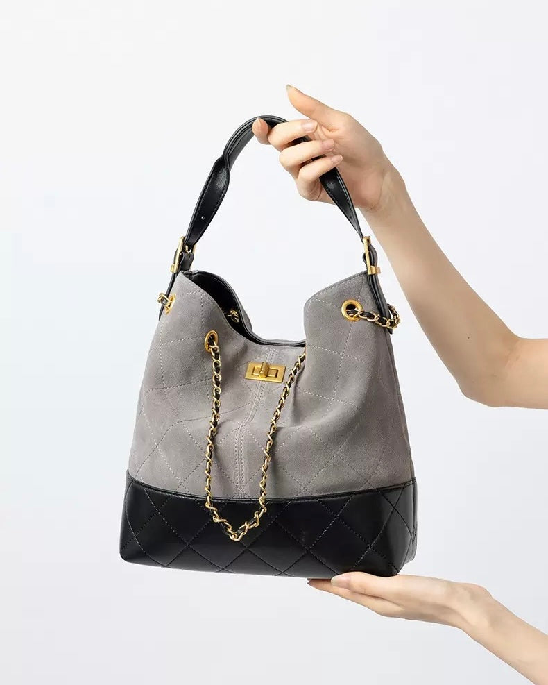 Women's Genuine Leather Suede Colorblock Chain Bucket Bag
