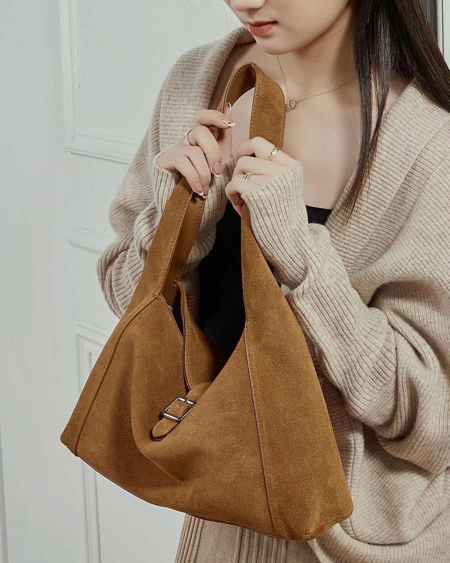 Women's Suede Leather Buckle Accent Shoulder Bag