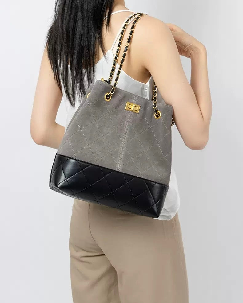 Women's Genuine Leather Suede Colorblock Chain Bucket Bag