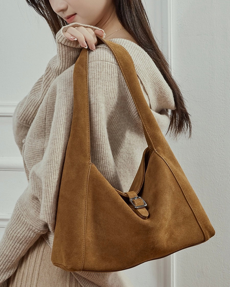 Women's Suede Leather Buckle Accent Shoulder Bag