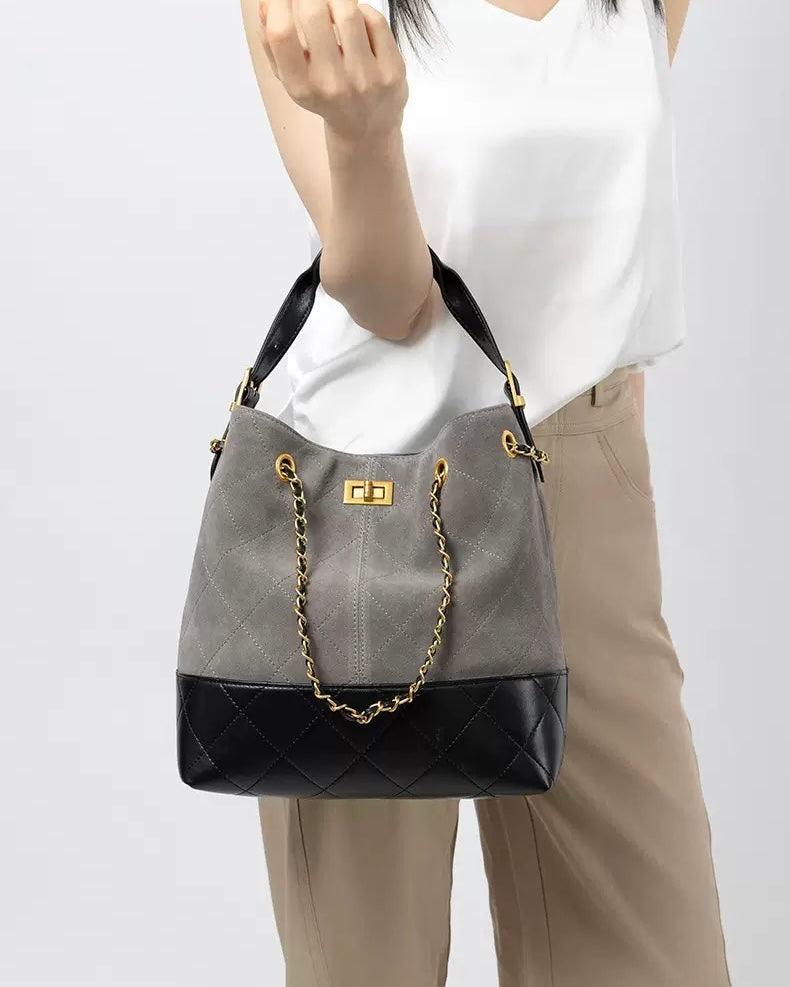 Women's Genuine Leather Suede Colorblock Chain Bucket Bag