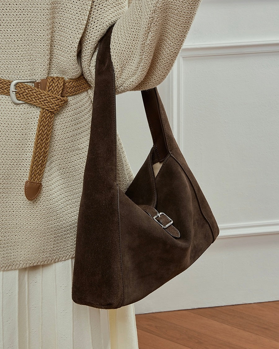 Women's Suede Leather Buckle Accent Shoulder Bag
