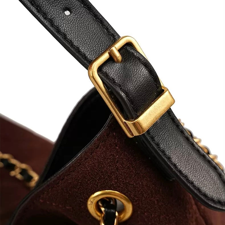 Women's Genuine Leather Suede Colorblock Chain Bucket Bag