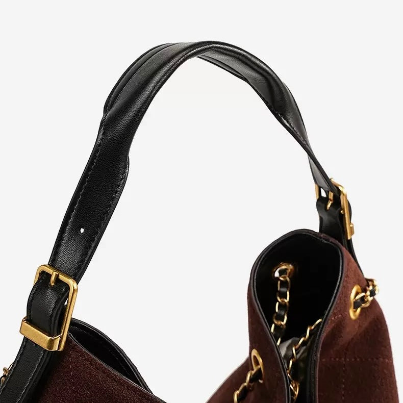 Women's Genuine Leather Suede Colorblock Chain Bucket Bag