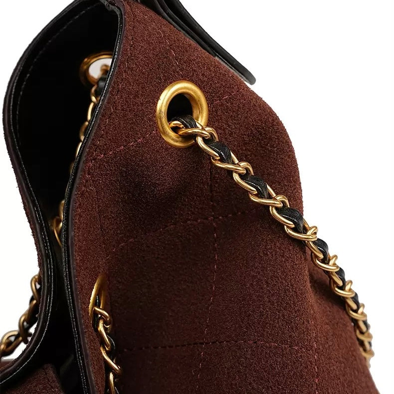 Women's Genuine Leather Suede Colorblock Chain Bucket Bag