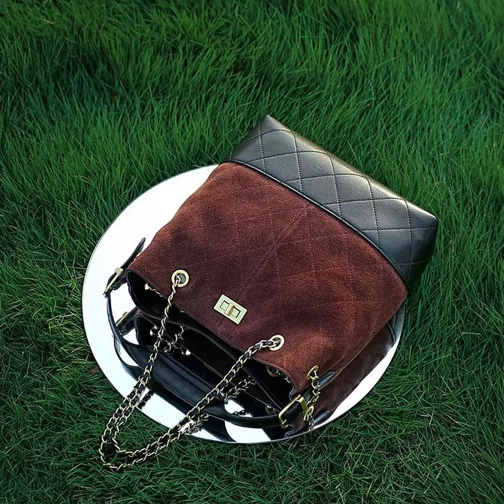 Women's Genuine Leather Suede Colorblock Chain Bucket Bag