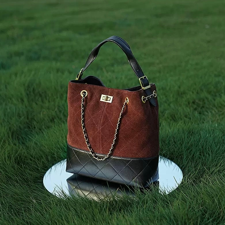 Women's Genuine Leather Suede Colorblock Chain Bucket Bag