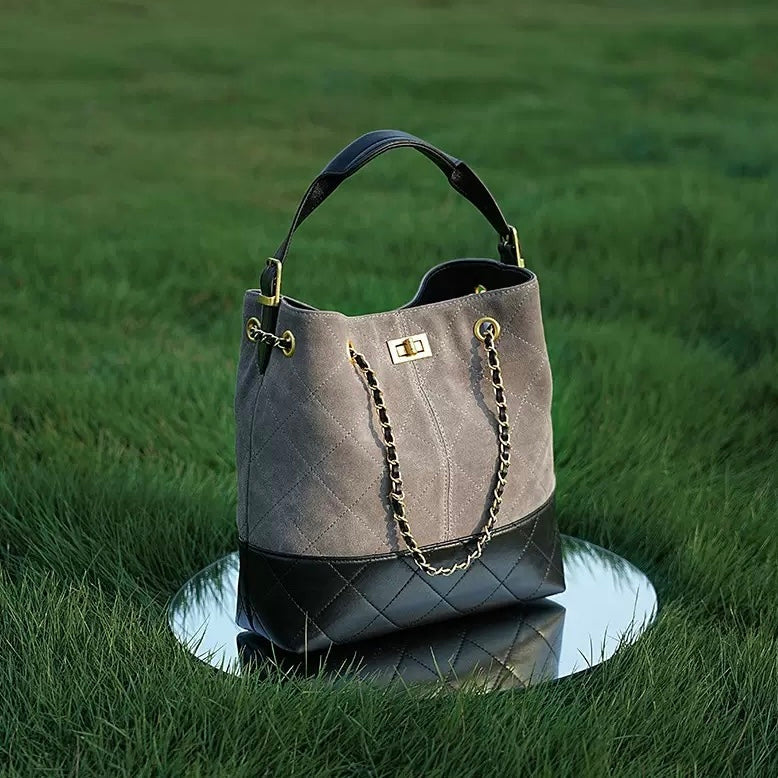 Women's Genuine Leather Suede Colorblock Chain Bucket Bag