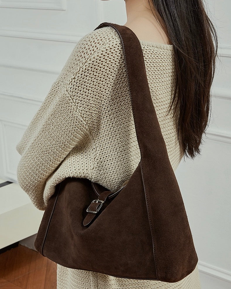 Women's Suede Leather Buckle Accent Shoulder Bag