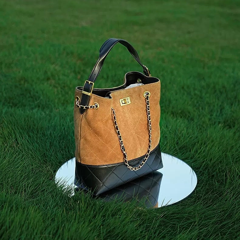 Women's Genuine Leather Suede Colorblock Chain Bucket Bag