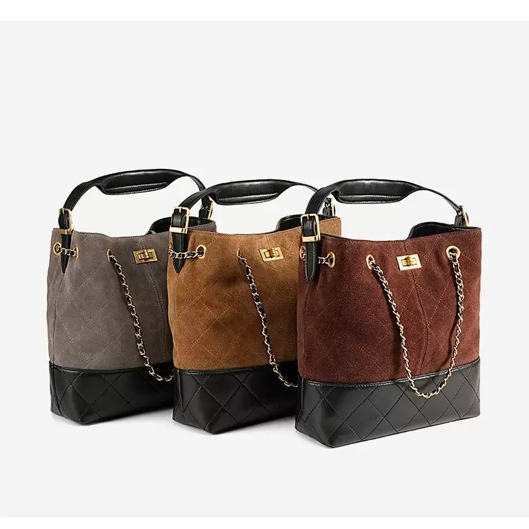Women's Genuine Leather Suede Colorblock Chain Bucket Bag