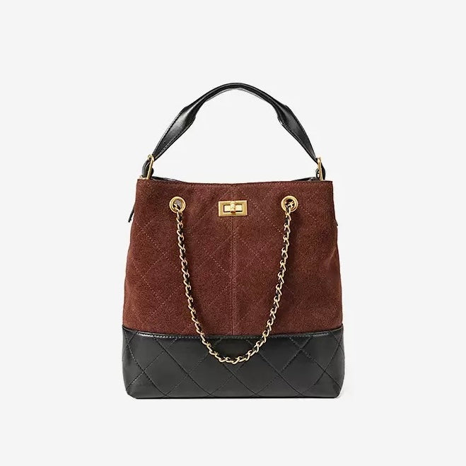 Women's Genuine Leather Suede Colorblock Chain Bucket Bag
