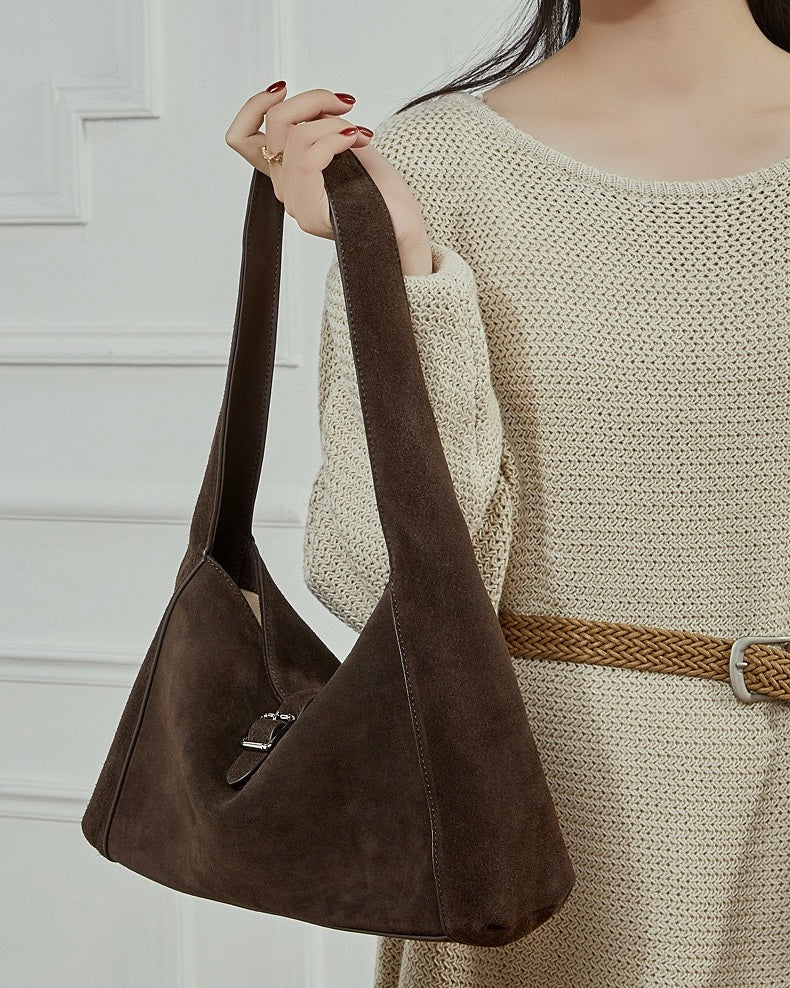 Women's Suede Leather Buckle Accent Shoulder Bag