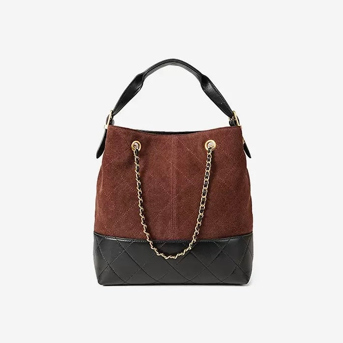 Women's Genuine Leather Suede Colorblock Chain Bucket Bag