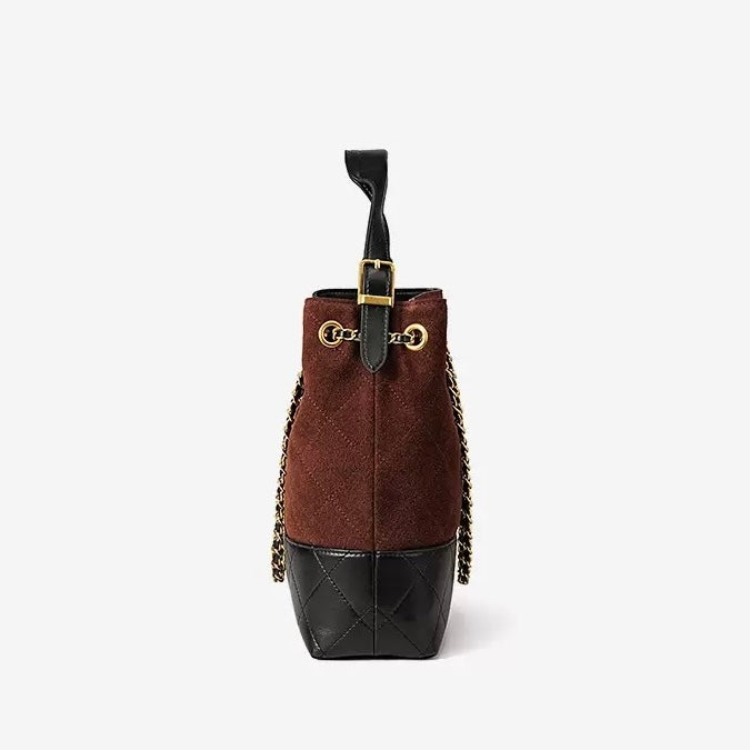 Women's Genuine Leather Suede Colorblock Chain Bucket Bag