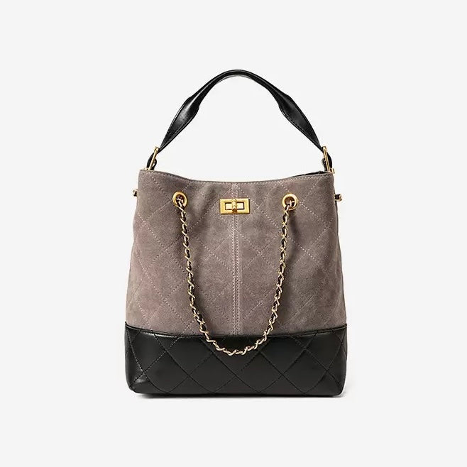 Women's Genuine Leather Suede Colorblock Chain Bucket Bag